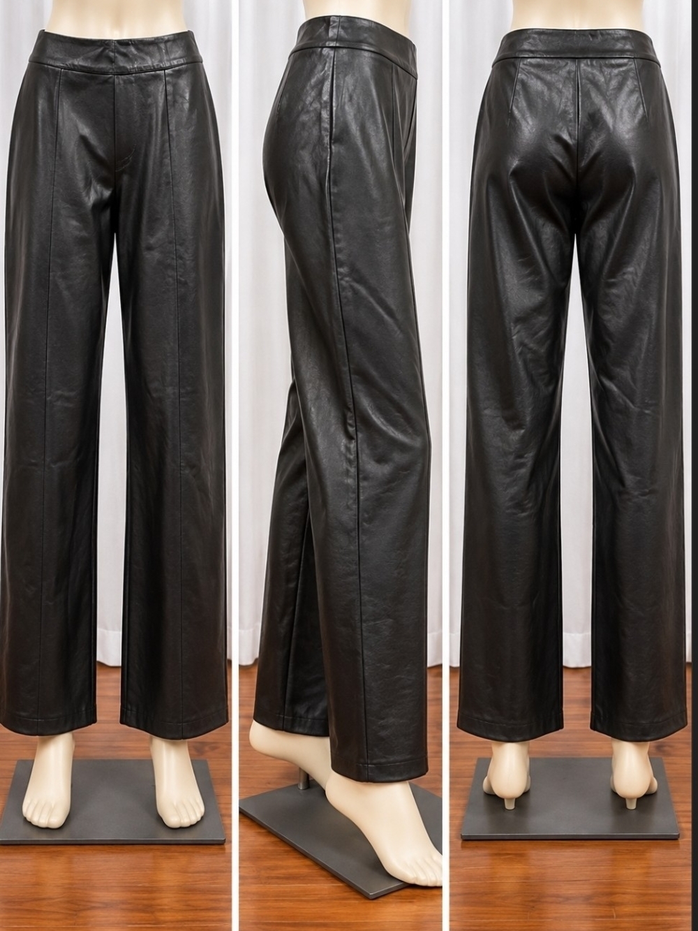 ZARA Women’s Black Faux Leather High Rise Wide Leg Pants Zip Accent M